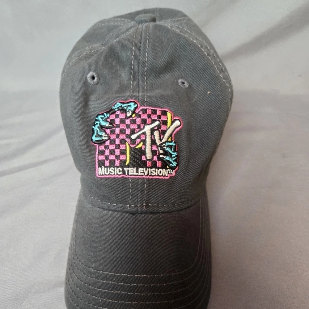 MTV Music Television Strapback Hat Gray Pink Embroidered Logo Cap Adjustable Y2K